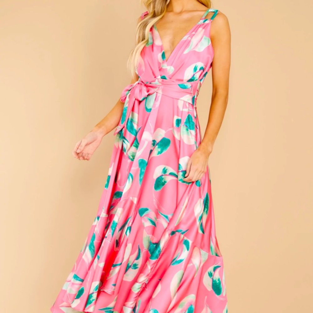 Red Dress “Call Me Sassy Pink Leaf Print Maxi Dress”